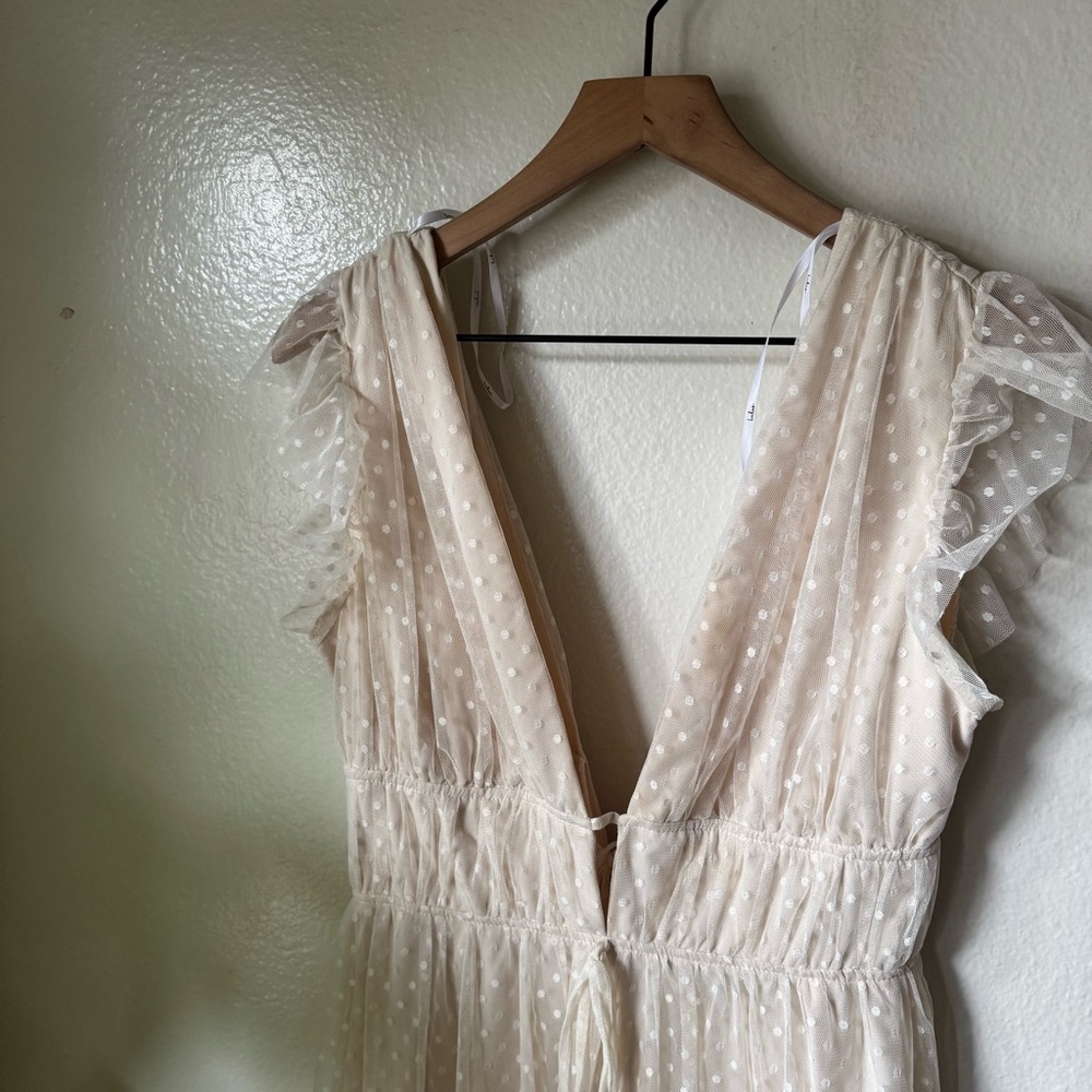 Lulus | Yours Evermore Cream Swiss Dot Ruffled Midi Dress - Picture 3 of 7